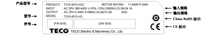 東元變頻器T310銘牌說(shuō)明